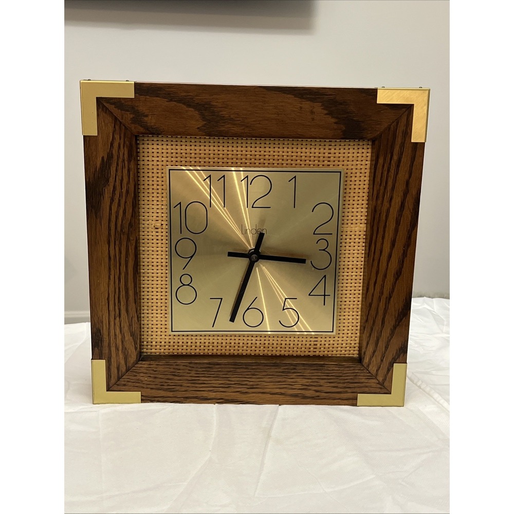 Vintage Linden Wall Clock Wood Brass Rattan Cane MCM Hollywood Regency 1970s